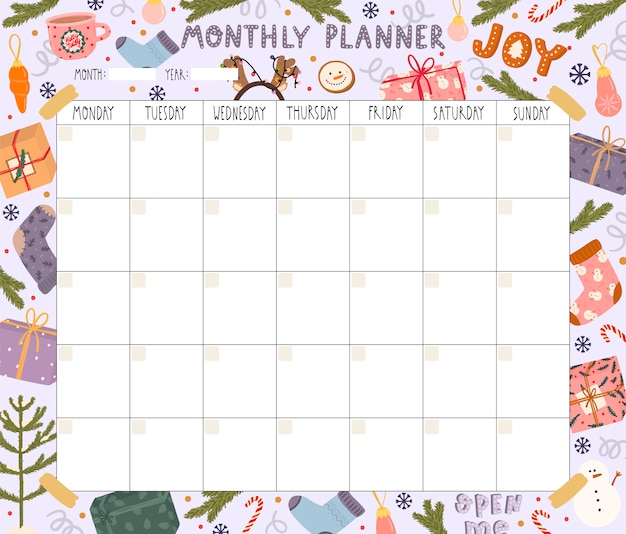 Blank monthly planner with christmas theme