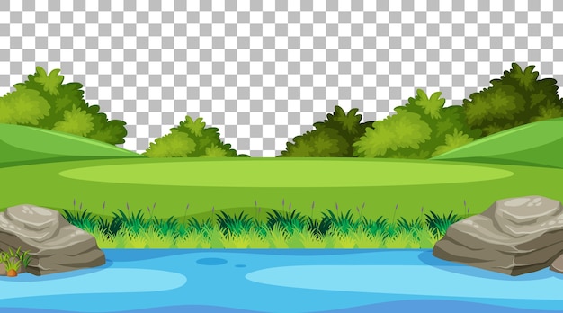 Blank nature park scene with river landscape on transparent background