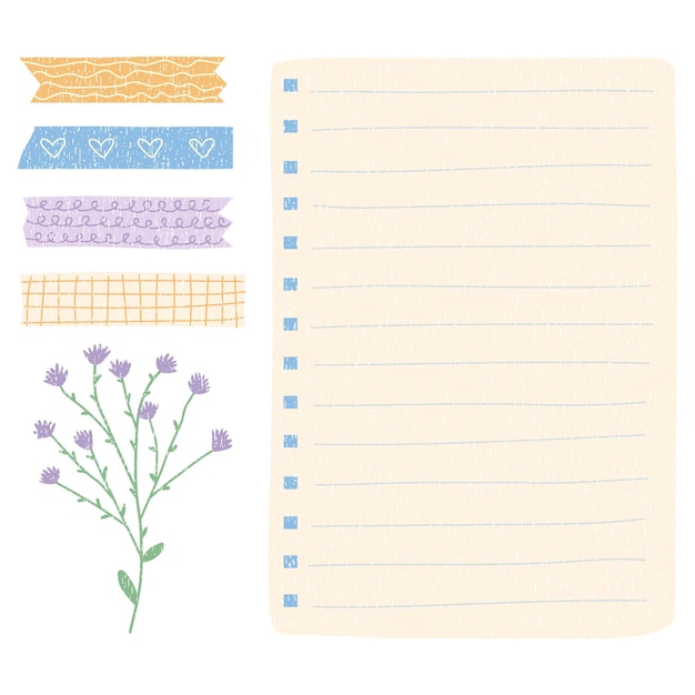 Vector blank notebook cute note memo template washi tape and dried flower vector elements used in a diary or office