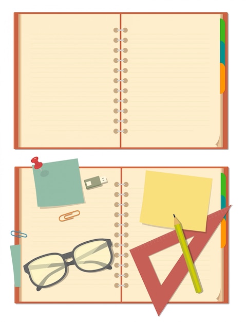 Blank opened notebook with glasses, pencil, paper, stationery.