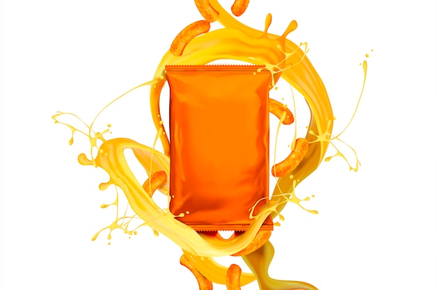 Blank orange foil bag with splashing cheese sauce and curls 