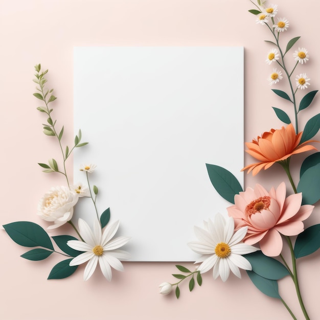 Carta bianca e fiori su sfondo rosa vista dall'alto carta bianco e fiori sullo sfondo rosa
