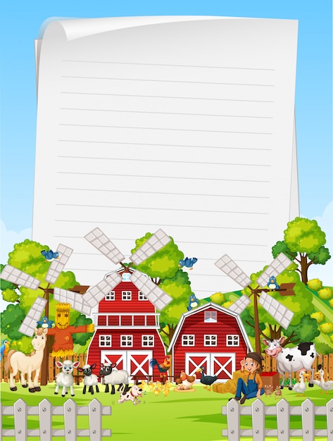 Vettore carta bianca in fattoria biologica con set di fattoria degli animali