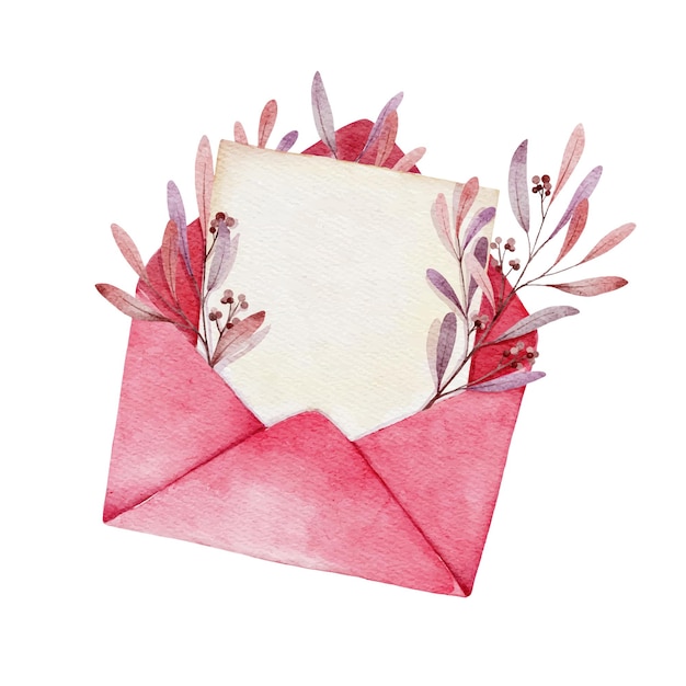 Blank paper in red envelope and branch with leaves love letter for valentines day