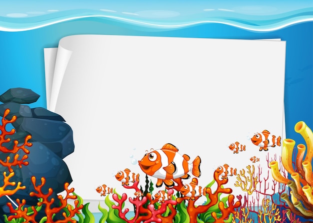 Vector blank paper template with exotic fishes cartoon character in the underwater scene