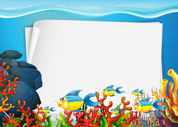 Vector blank paper template with exotic fishes cartoon character in the underwater scene