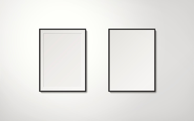 Vector blank picture frames collection hanging on the wall in orderly way, 3d illustration realistic style