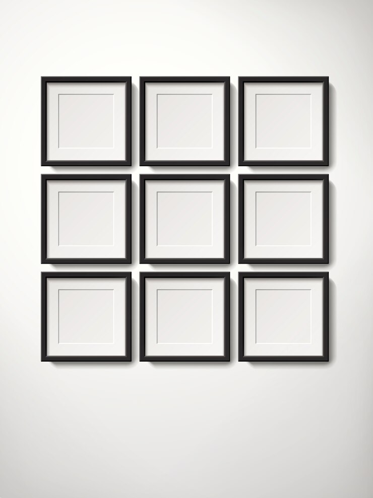 Vector blank picture frames collection hanging on the wall in orderly way, 3d illustration realistic style