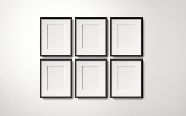 Blank picture frames collection hanging on the wall in orderly way, 3d illustration realistic style