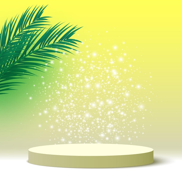 Blank podium with palm leaves round pedestal cosmetic products display platform 3d render stage