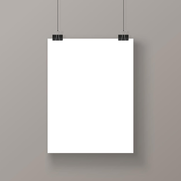 Blank poster hanging by threads isolated