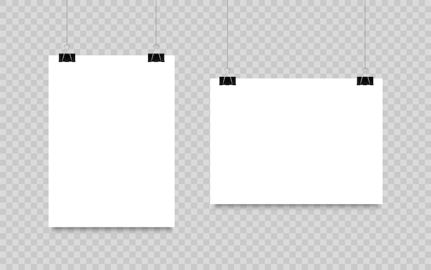 Blank poster hanging on clips. a4 paper page in landscape and portrait formats. realistic white paper sheet.