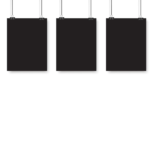 Blank posters hanging on a binder clips A4 white paper sheet hangs on a rope with clips Vector