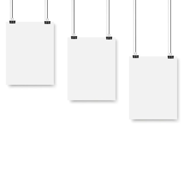 Blank posters hanging on a binder clips A4 white paper sheet hangs on a rope with clips Vector