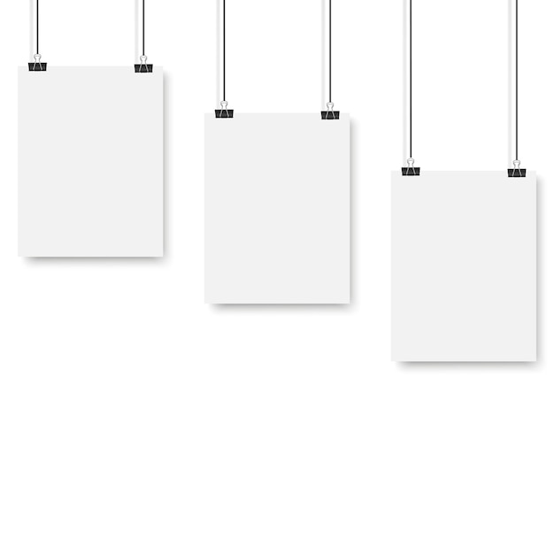 Blank posters hanging on a binder clips a4 white paper sheet hangs on a rope with clips vector