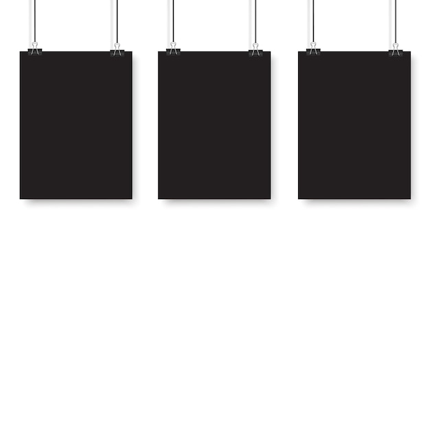 Вектор Пустые плакаты, висящие на зажимах для переплета лист белой бумаги формата а4 висит на веревке с зажимами вектор
