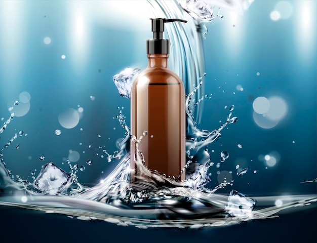 Blank pump bottle with splashing water and ice cubes  on glittering background