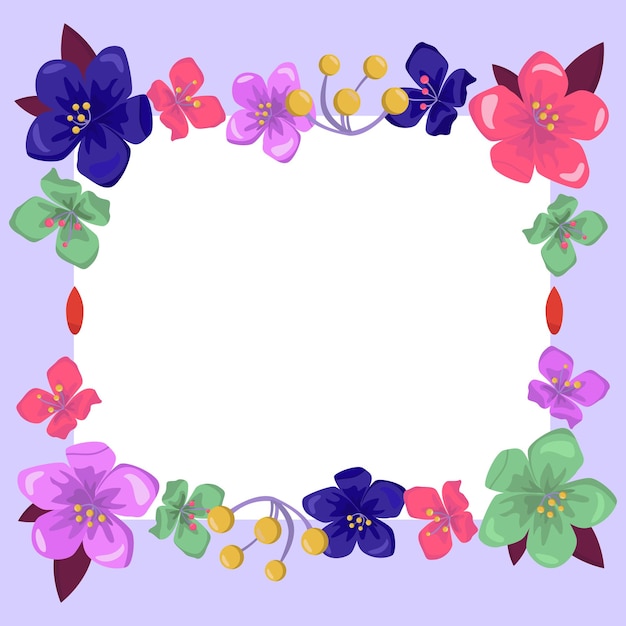 Blank purple Frame Decorated With Colorful Flowers And Foliage Arranged Harmoniously Empty Poster Border Surrounded By Multicolored Bouquet Organized Pleasantly