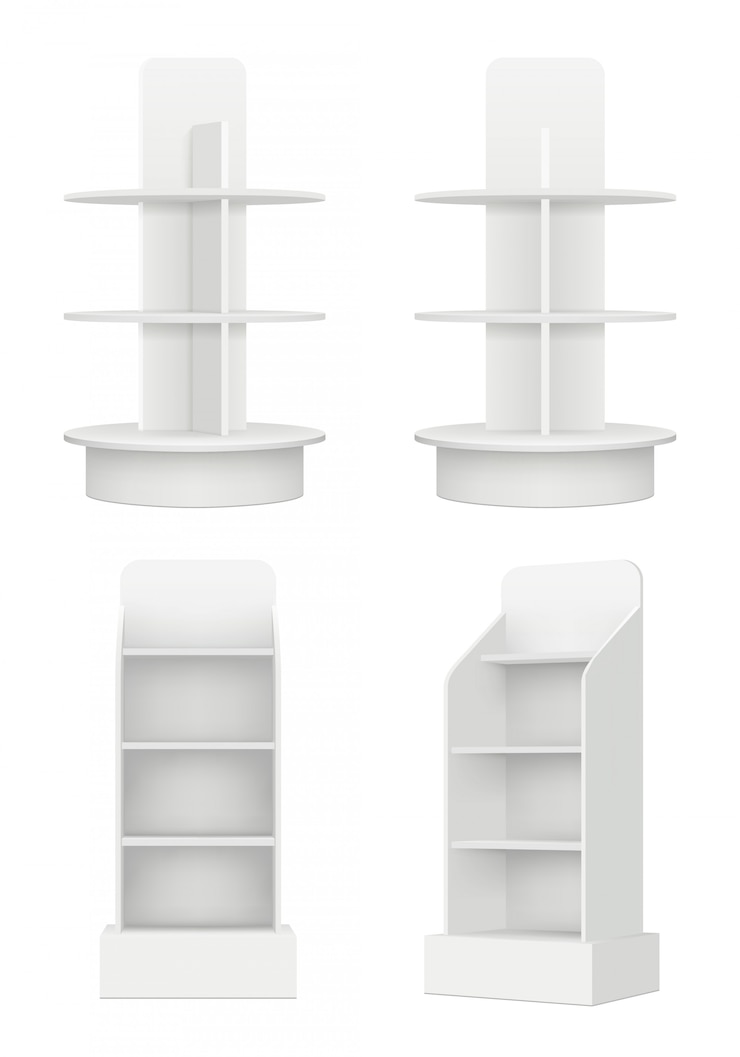 Vector blank racks with shelves. market advertising empty modern information stands in market vector realistic picture