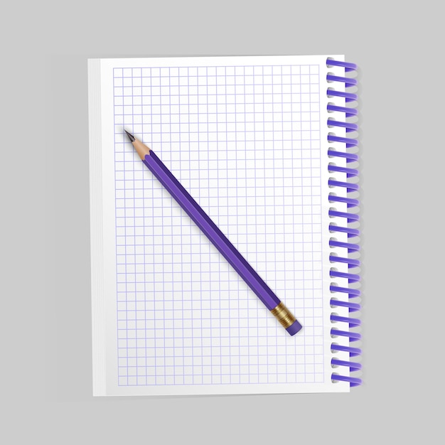 Blank realistic spiral notepad notebook and realistic pencil isolated