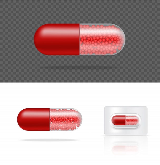 空白の現実的な透明な錠剤薬カプセルパネル。錠剤の医療と健康の概念。