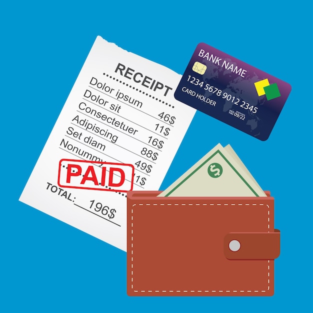 blank receipt and wallet with money credit cards vector illustration