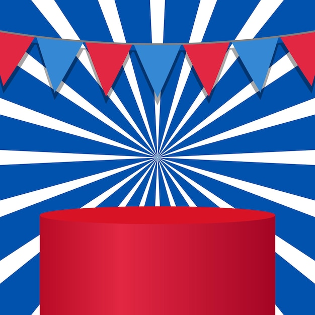 グラフィックデザインのカラフルなホオジロ旗と白と青のサンバーストの背景に空白の赤い表彰台