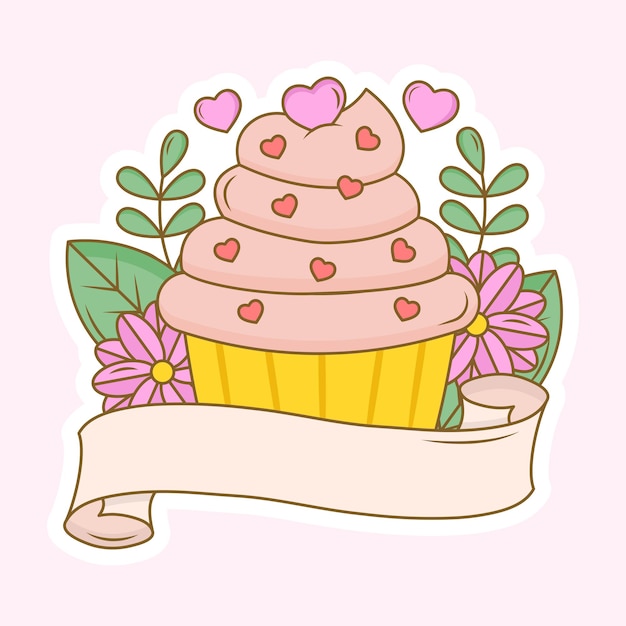 꽃에 컵 케이크와 하트가 있는 빈 리본 스티커 스타일의 잎 배경