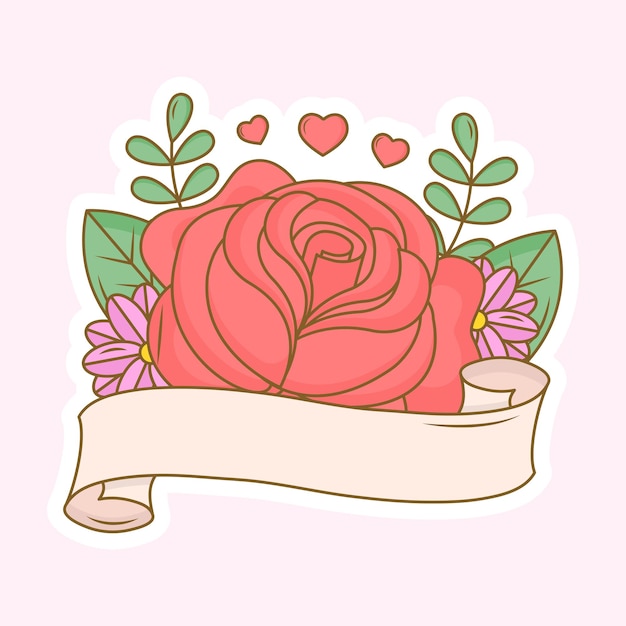 Blank ribbon with pink and red flowers leaves background in sticker style