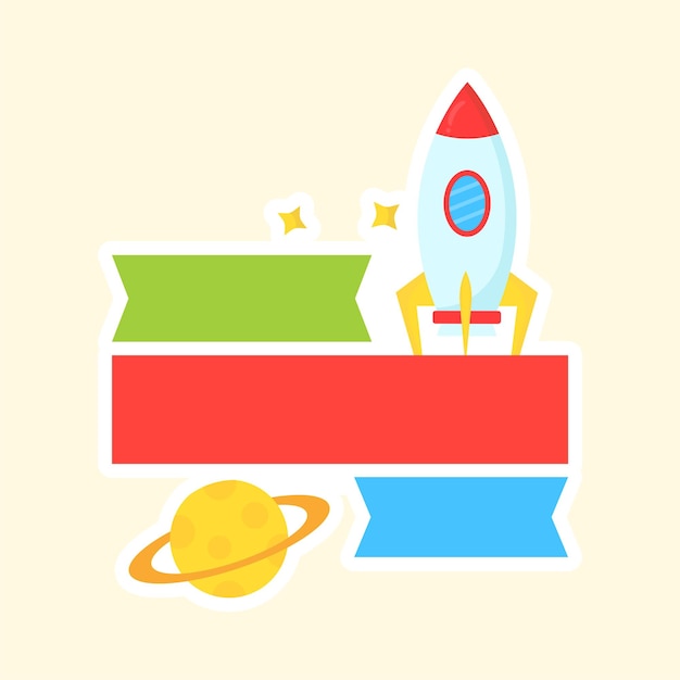 Vector blank ribbons with fly rocket and planet against yellow background