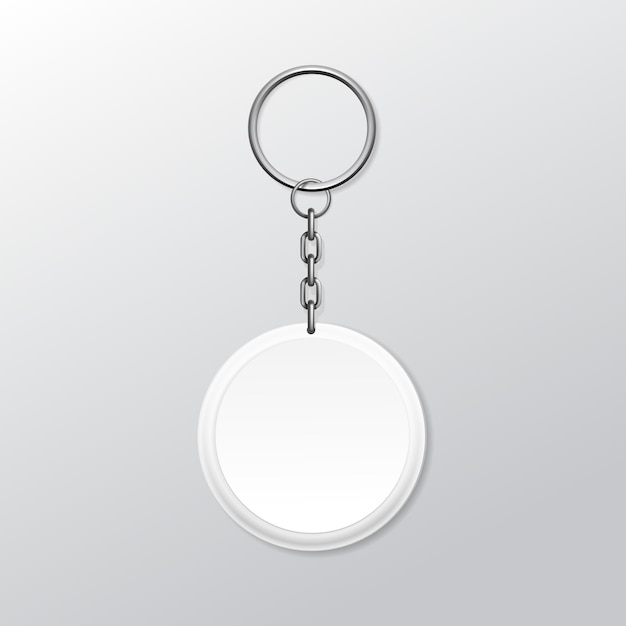 Vector blank round keychain with ring and chain for key isolated on white background