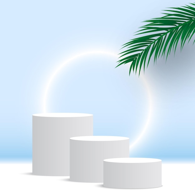 Blank round white podium with palm leaves pedestal cosmetic products display platform