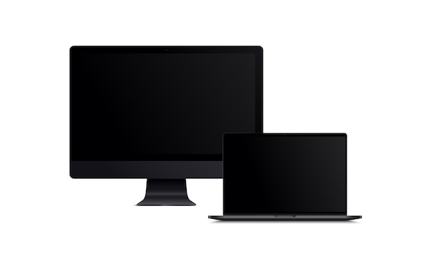 Blank screen of LCD monitor and black laptop