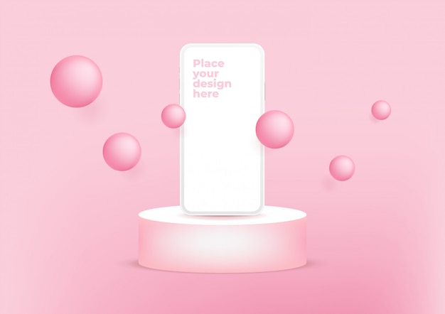 Blank screen smartphone on podium  on pink background.