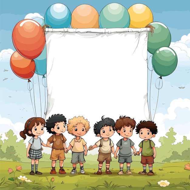 Blank sign template with kids having party in park vector illustration