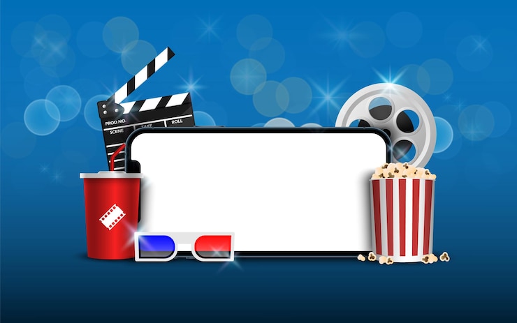 वेक्टर blank smartphone with popcorn film strip clapperboard on blue background online streaming movie concept vector iluustration