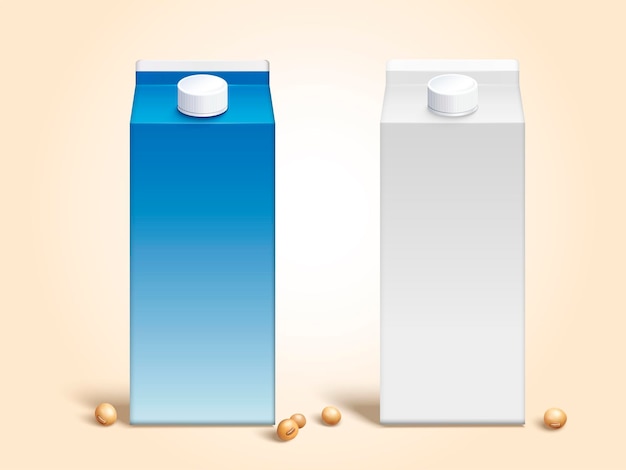 Blank soy milk carton boxes set in 3D style with soybeans