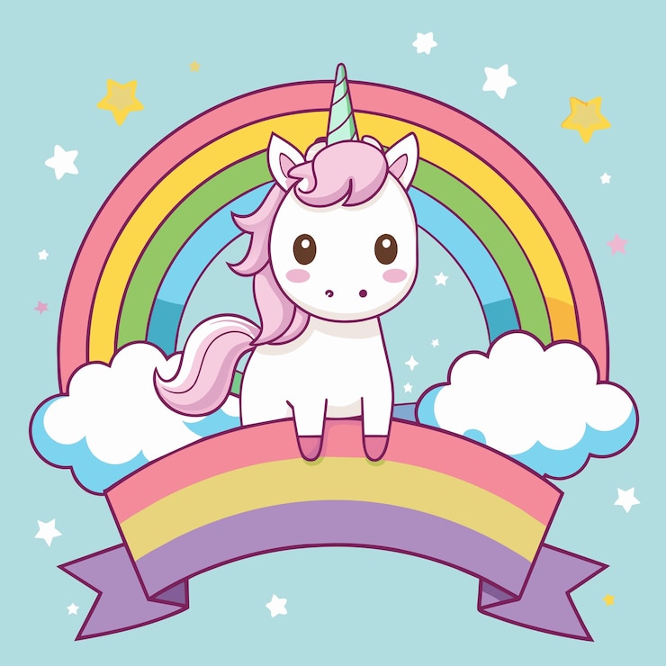Vector blank spandoek met schattige eenhoorn op regenboog op de pastelkleurige achtergrond