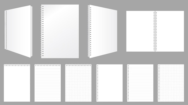 Vector blank spiral notebook covers sheets and pages with lines and checks vector illustration mockup set