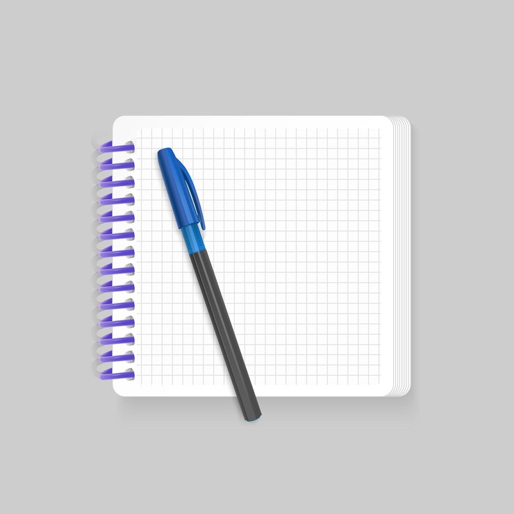 Vector blank spiral notepad notebook with realistic blue pen