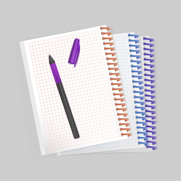 Blank spiral notepad notebook with realistic purple pen