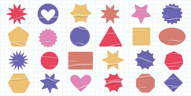 Blank stickers set. empty colorful patches mockups with wrinkles. vector design elements.