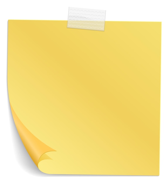 Blank sticky note with curled corner and adhesive tape scrap