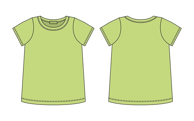 Schizzo tecnico di maglietta in bianco colore verde modello di design di contorno di maglietta femminile maglietta a maniche corte mockup anteriore e posteriore illustrazione vettoriale di moda in stile casual cad