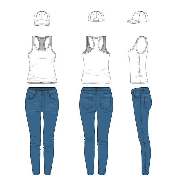 Vector blank templates of women's racer top and jeans