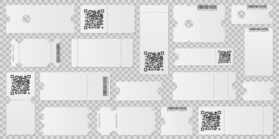 blank ticket template. event coupon, label layout with qr code. empty airplane pass or festive flyer, lottery paper mockup recent vector set. coupon barcode, event to movie or theater illustration