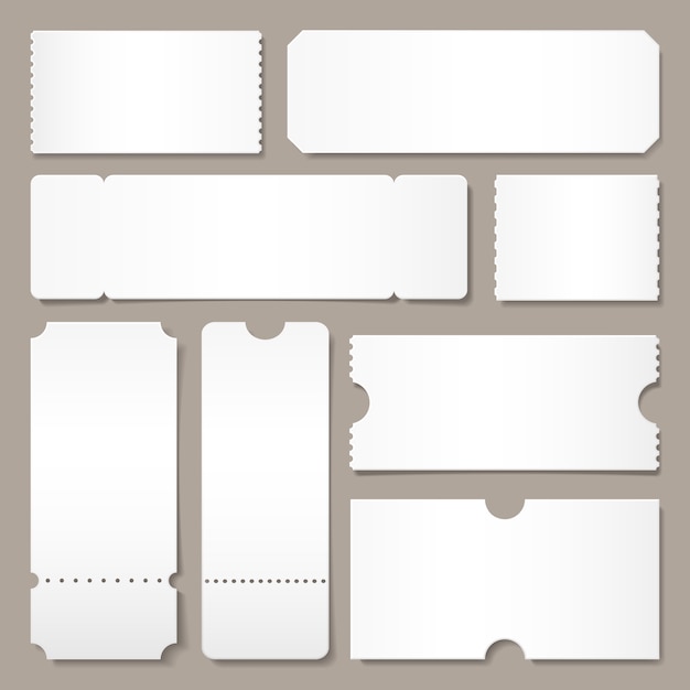 Blank ticket template. Festival concert tickets, white paper coupon card layout and cinema admit one sheet isolated  mockup