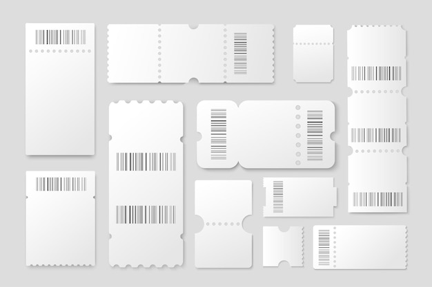 Blank tickets mega set in 3d realistic design bundle elements of white paper coupons mockup with text space and barcode for cinema concert other events vector illustration isolated graphic objects