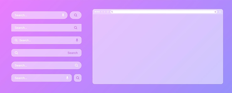 Vector blank transparante internetbrowservenster met verschillende zoekbalk sjablonen website engine met