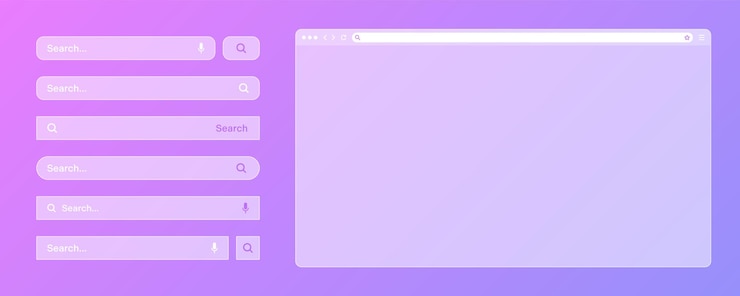 Vector blank transparante internetbrowservenster met verschillende zoekbalk sjablonen website engine met